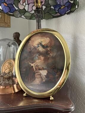 Vintage Oval Metal Gold Religious Print Art Print Framed